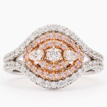 The Paradisa Argyle pink and white triple diamond halo dress ring