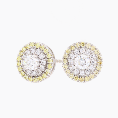 Halo yellow and white diamond cluster stud earrings