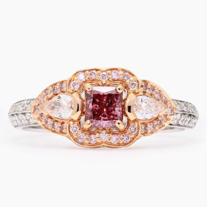Sovereign radiant-cut Argyle certified pink and white diamond three-stone ring