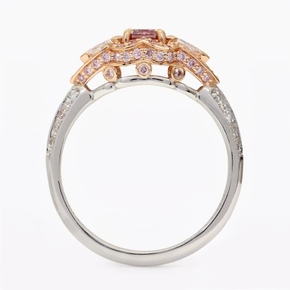 Sovereign radiant-cut Argyle certified pink and white diamond three-stone ring