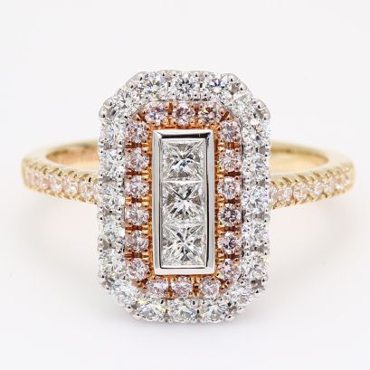 Capulet square emerald and round-cut Argyle pink champagne and white diamond art deco halo ring