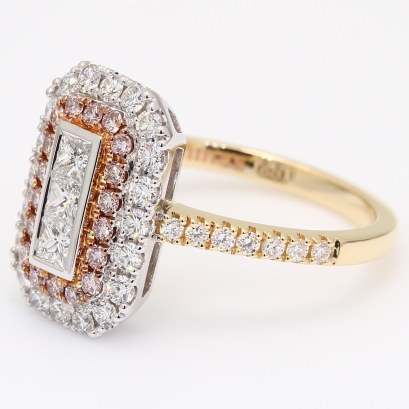 Capulet square emerald and round-cut Argyle pink champagne and white diamond art deco halo ring