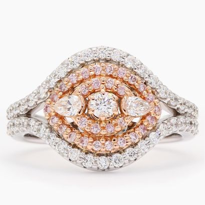 The Paradisa Argyle pink and white triple diamond halo dress ring