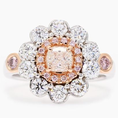 Jubilation white and Argyle pink diamond halo flower ring