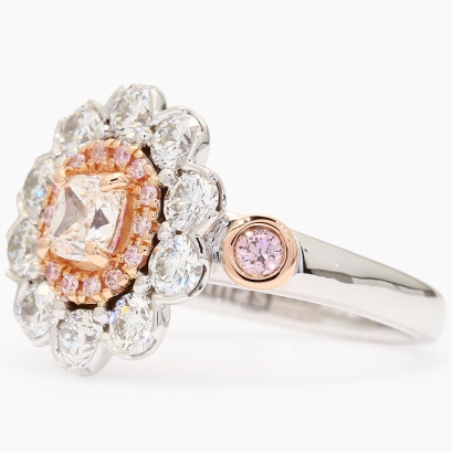 Jubilation white and Argyle pink diamond halo flower ring