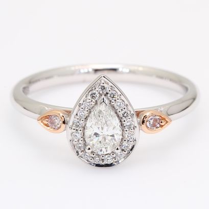 Alicorn pear and round-cut white and Argyle light pink champagne diamond halo ring