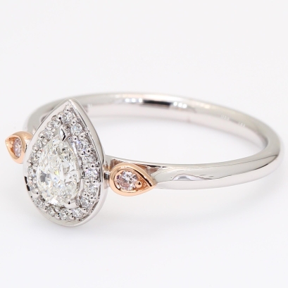 Alicorn pear and round-cut white and Argyle light pink champagne diamond halo ring