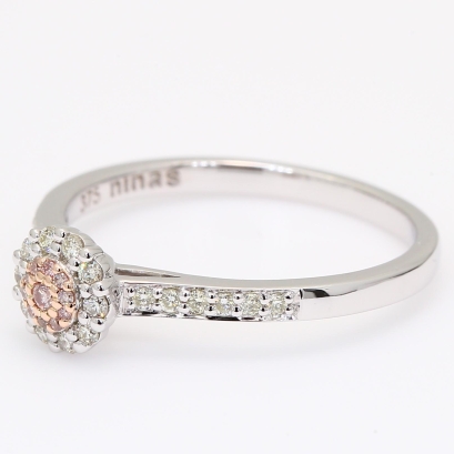 Elodie Argyle light pink champagne and round-cut white diamond halo ring