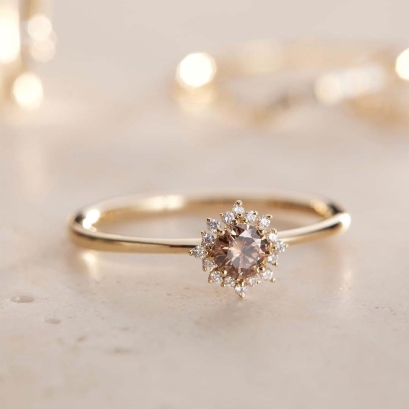 Ixora champagne and white diamond halo ring