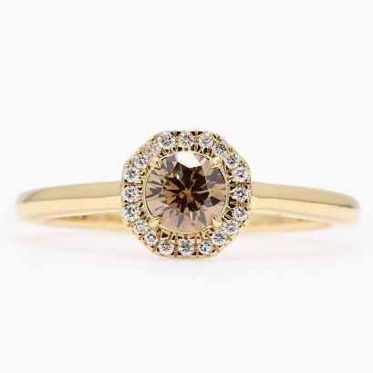 Apiary champagne and white dimaond halo ring