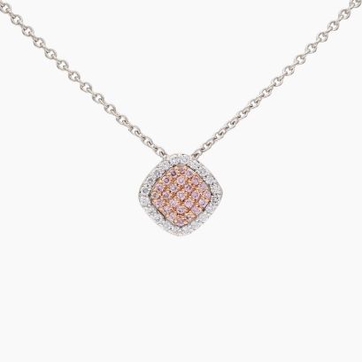 Cecilia white and Argyle pink diamond square cluster halo necklace