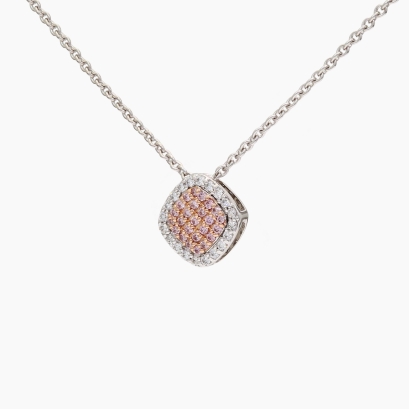Cecilia white and Argyle pink diamond square cluster halo necklace