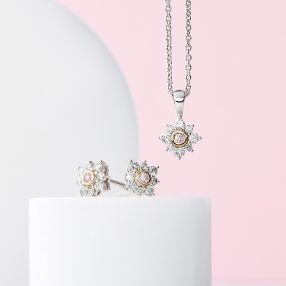 Magnolia Argyle light pink champagne and white diamond floral halo stud earrings