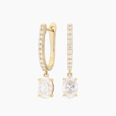 Lacy oval-cut white lab-grown diamond drop huggie earrings