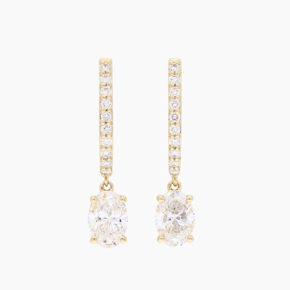 Lacy oval-cut white lab-grown diamond drop huggie earrings