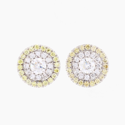 Halo yellow and white diamond cluster stud earrings