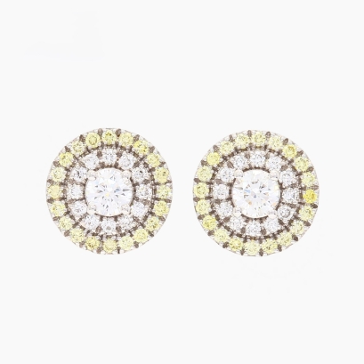 Halo yellow and white diamond cluster stud earrings