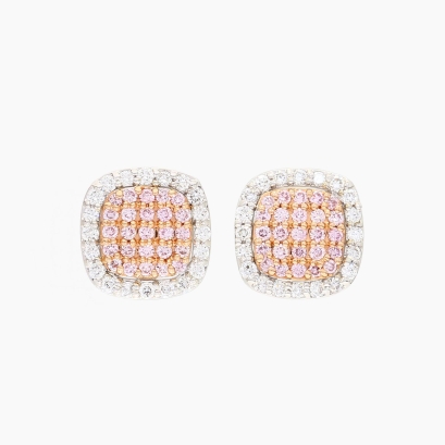 Cecilia white and Argyle pink diamond square cluster halo stud earrings