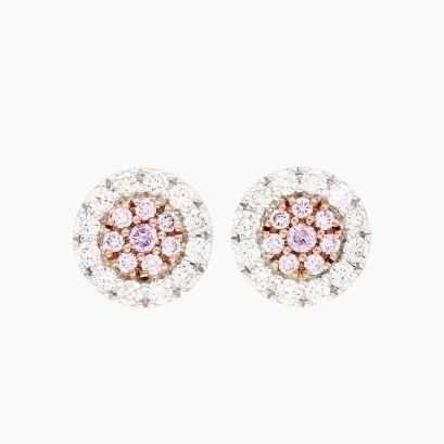 Biennial Argyle light pink champagne and white diamond cluster halo stud earrings