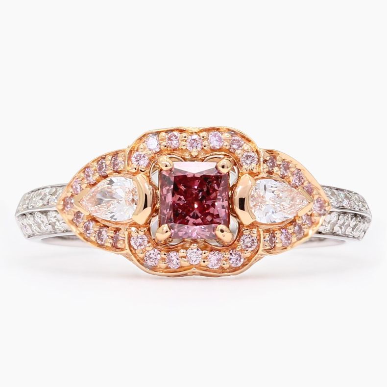Sovereign radiant-cut Argyle certified pink and white diamond three-stone ring