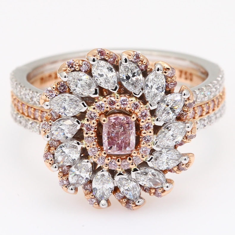 Infiorata FPP GIA-certified Argyle pink and white diamond flower ring