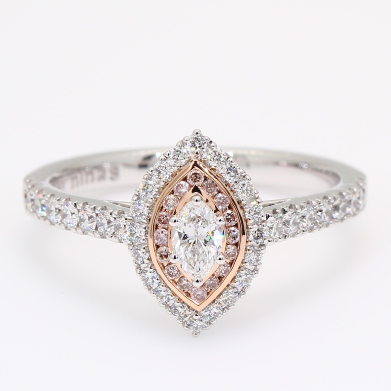 Violetta marquise-cut and round-cut Argyle light pink champagne and white diamond halo ring