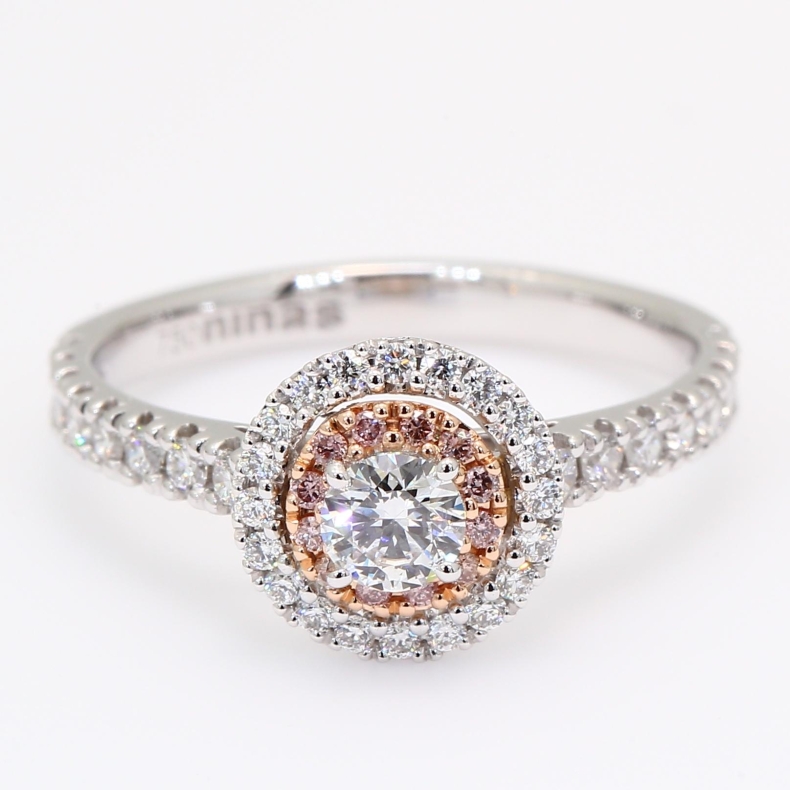 Odette GIA-certified round-cut Argyle light pink champagne and white diamond halo ring