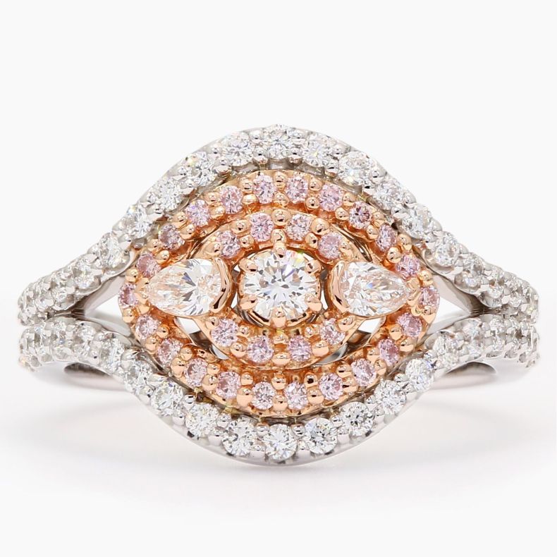 The Paradisa Argyle pink and white triple diamond halo dress ring