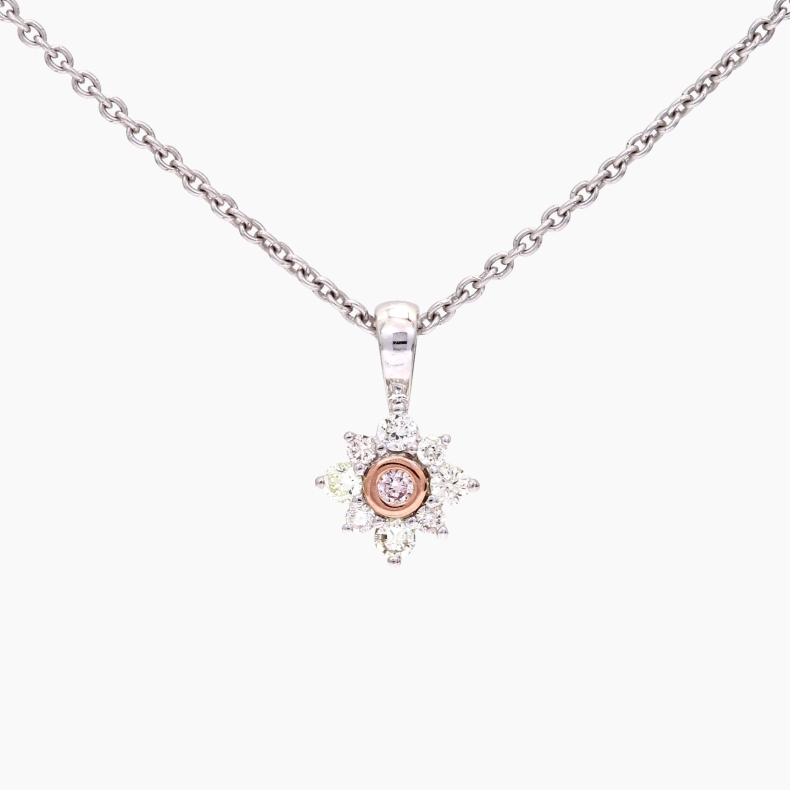 Magnolia Argyle light pink champagne and white diamond floral halo pendant