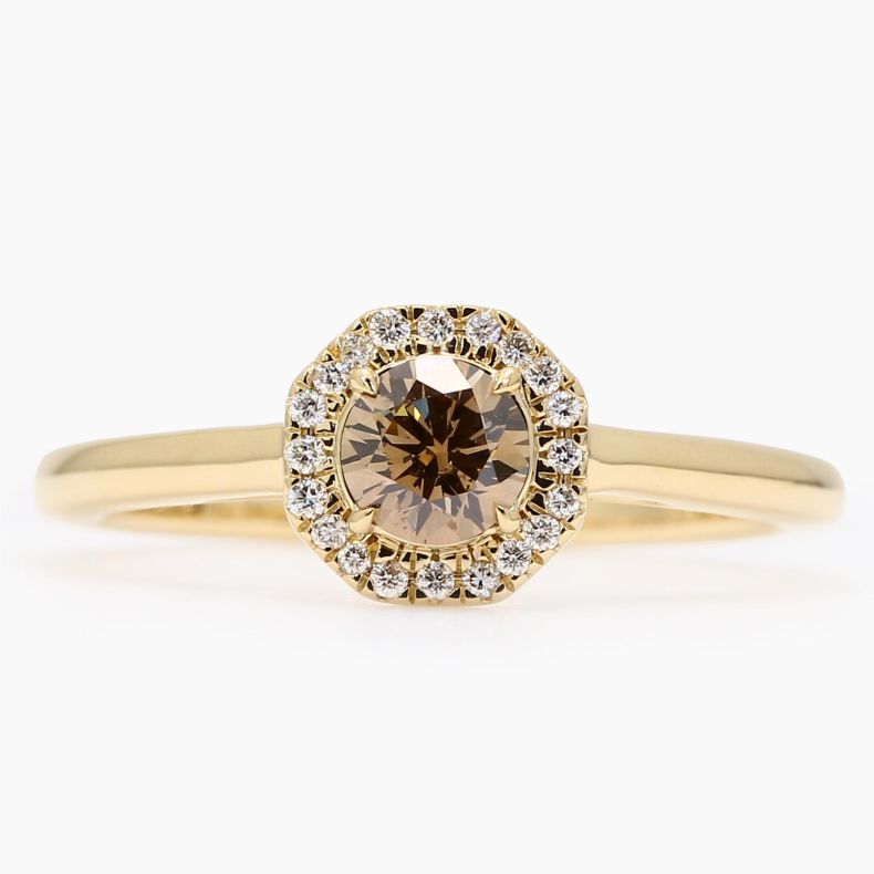 Apiary champagne and white dimaond halo ring