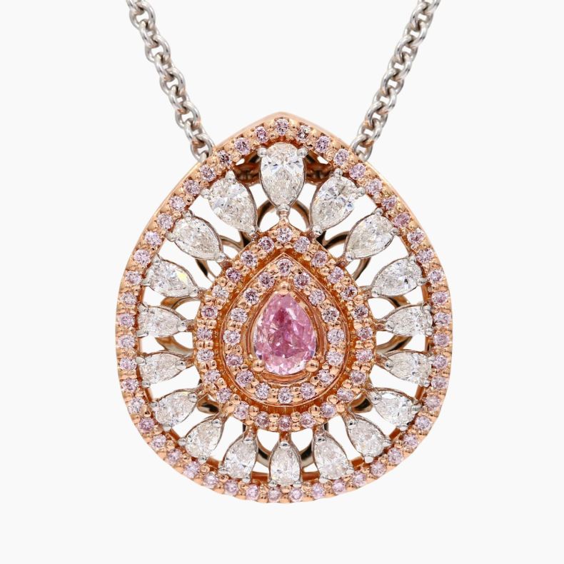 The Adoration Crescendo Exhibition FIPP GIA-certified Argyle pink diamond pear-cut halo pendant