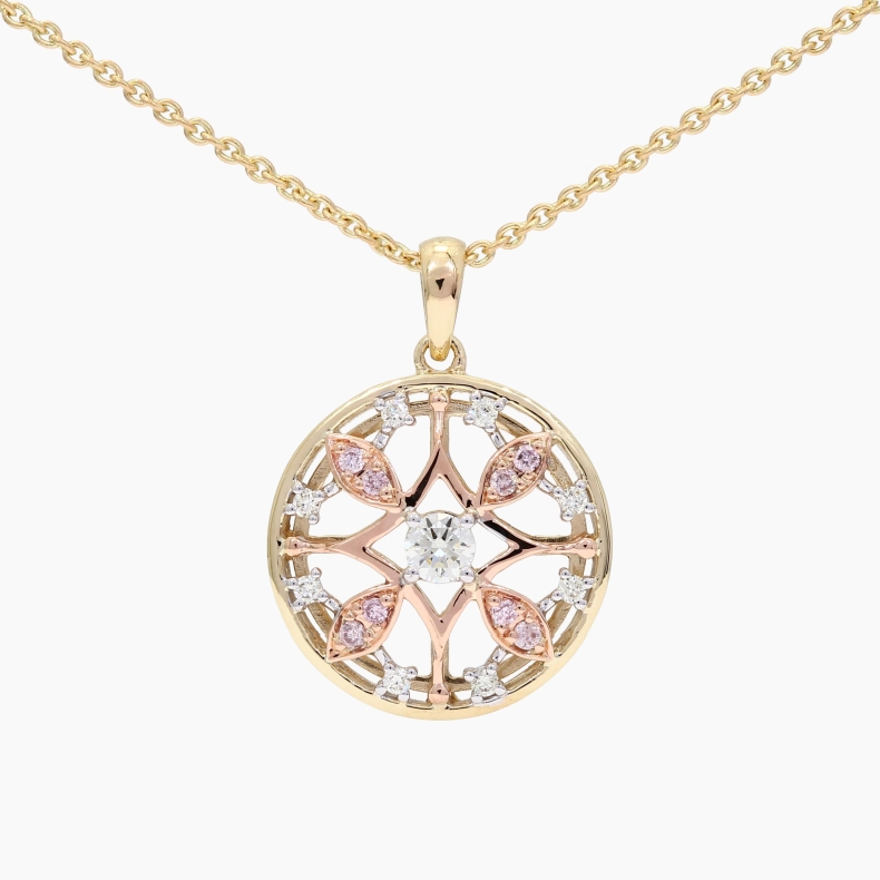 Tessera Argyle light pink champagne and white diamond circle pendant
