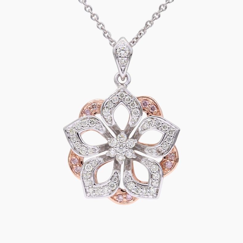 Florescence Argyle light pink champagne and white diamond flower pendant