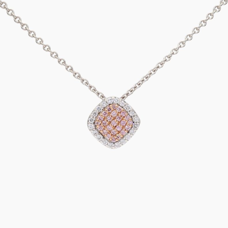 Cecilia white and Argyle pink diamond square cluster halo necklace