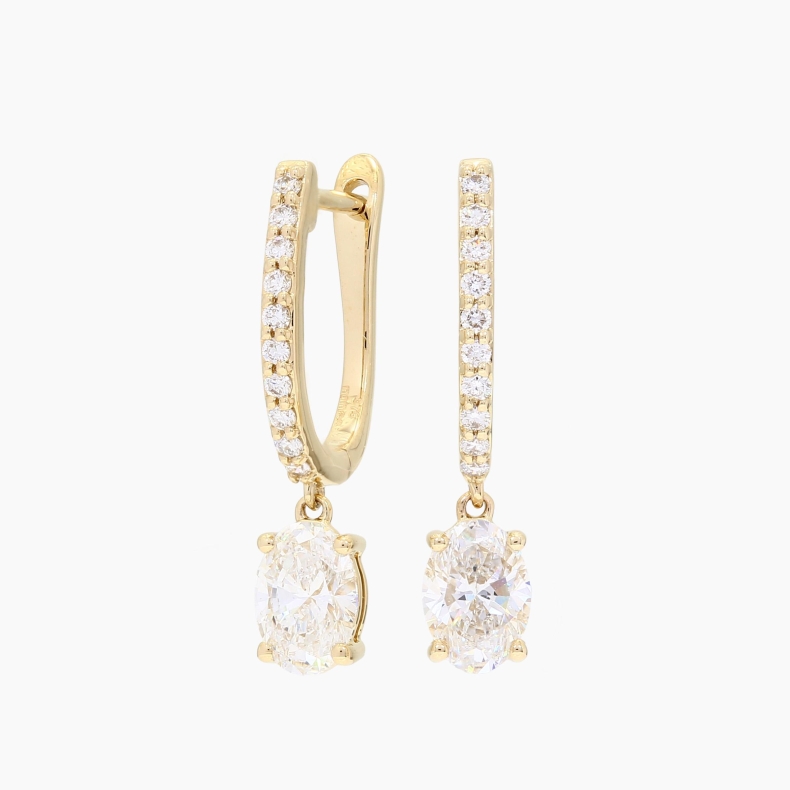Lacy oval-cut white lab-grown diamond drop huggie earrings
