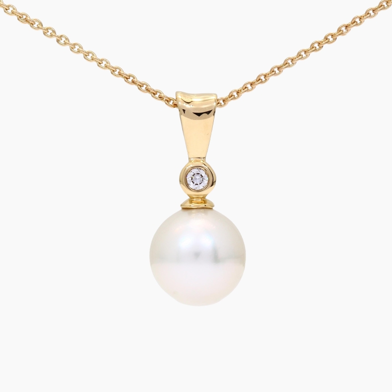 Belize white South Sea pearl and white diamond bezel drop necklace