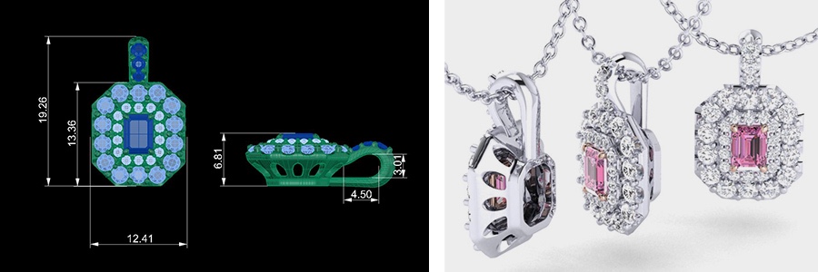 CAD design for custom pink diamond pendant before casting