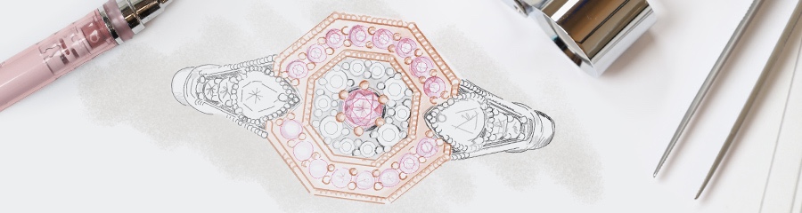 Initial design sketch for The Meg custom Argyle pink diamond ring