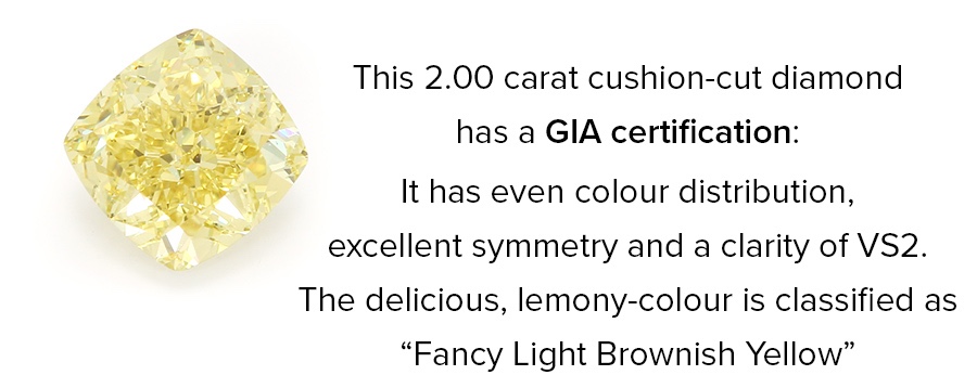 2.00 carat cushion-cut fancy yellow diamond selected for The Nancy pendant