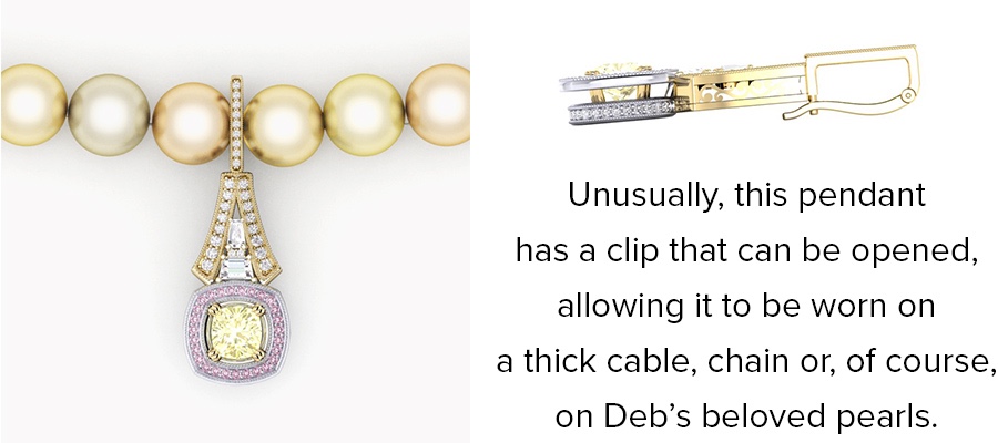 The Nancy diamond pendant worn as an enhancer with a strand of South Sea pearls