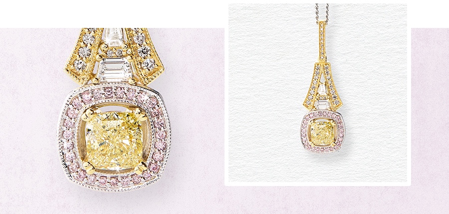 The Nancy yellow diamond pendant displayed on a chain