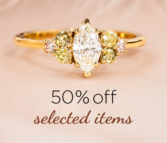 Shop 50% off selected items: marquise-cut diamond ring on yellow gold band