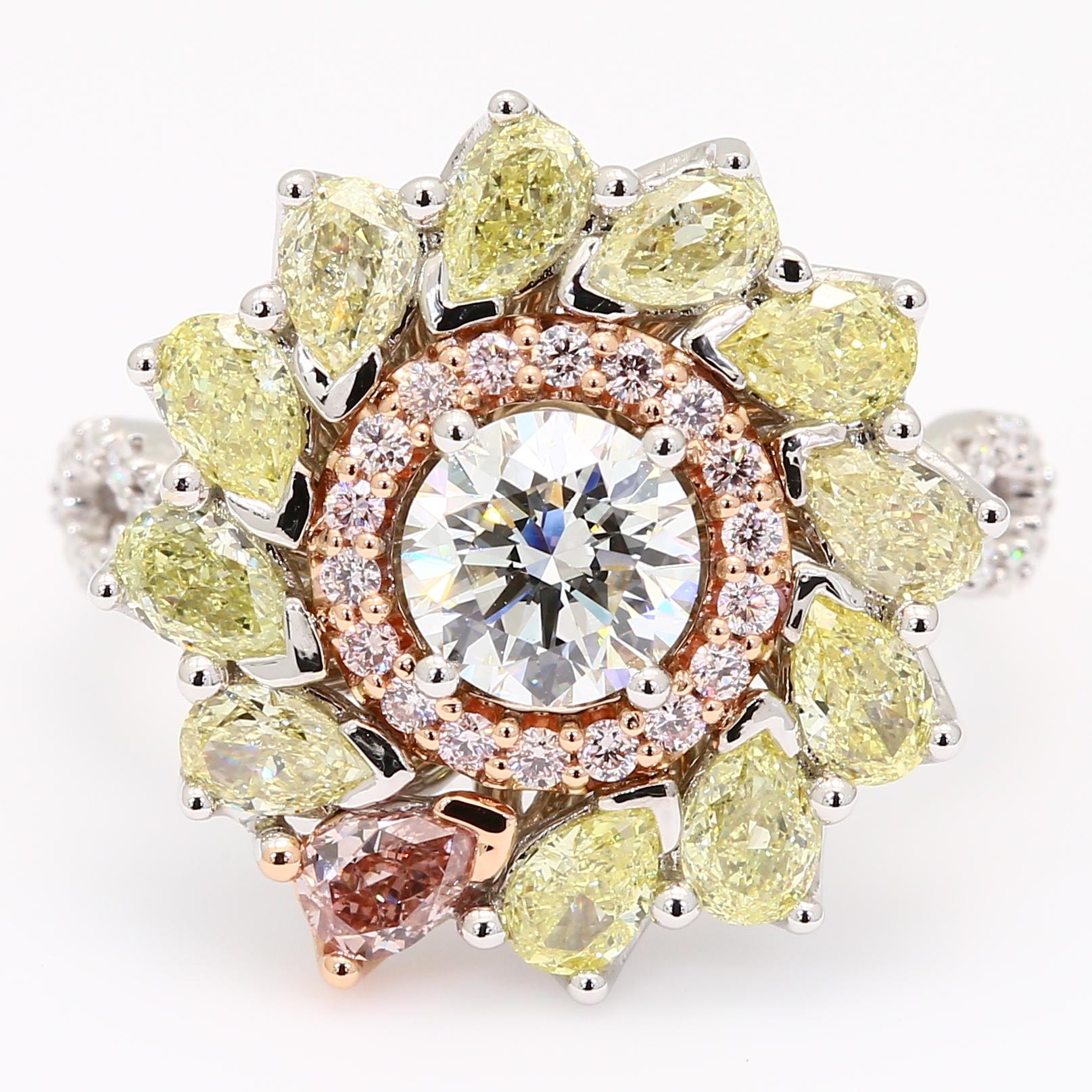 Splendour Argyle pink  yellow and white diamond flower ring