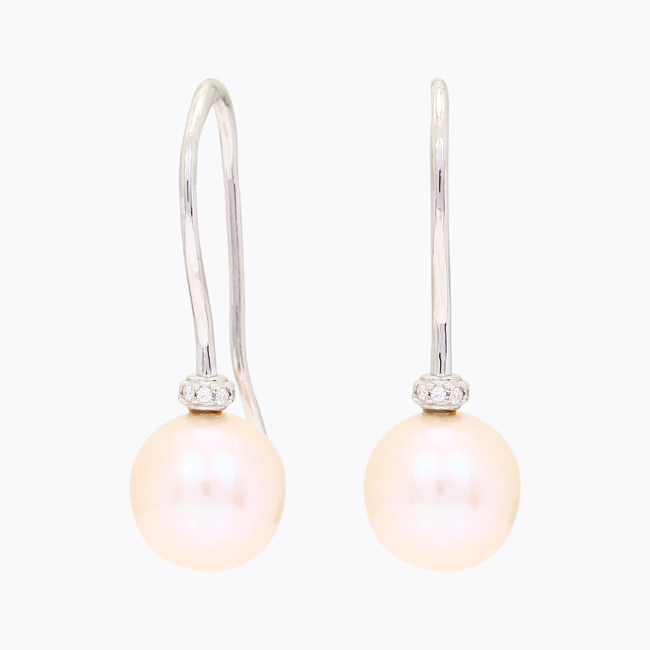 NXT Nera white fresh water pearl and white diamond shepherd hook earrings