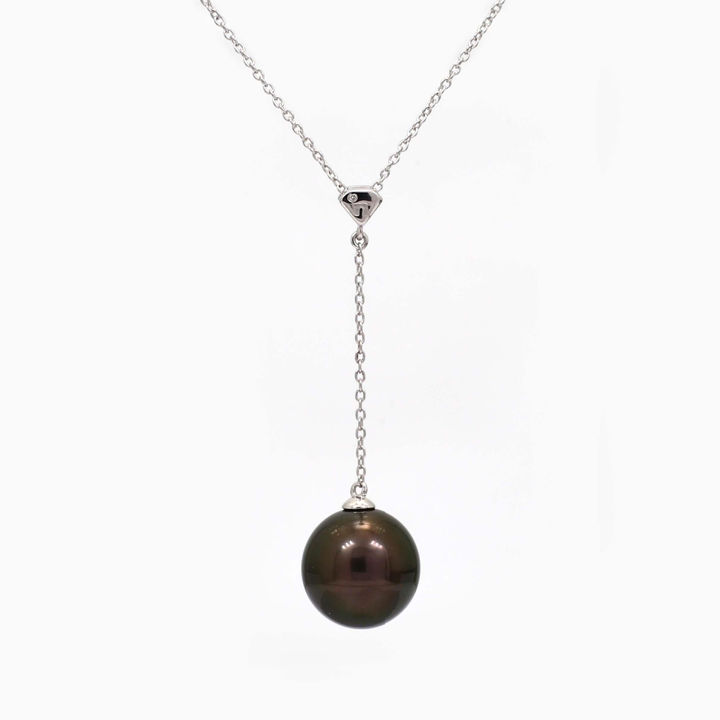 Anakena black Tahitian pearl and white diamond lariat drop necklace