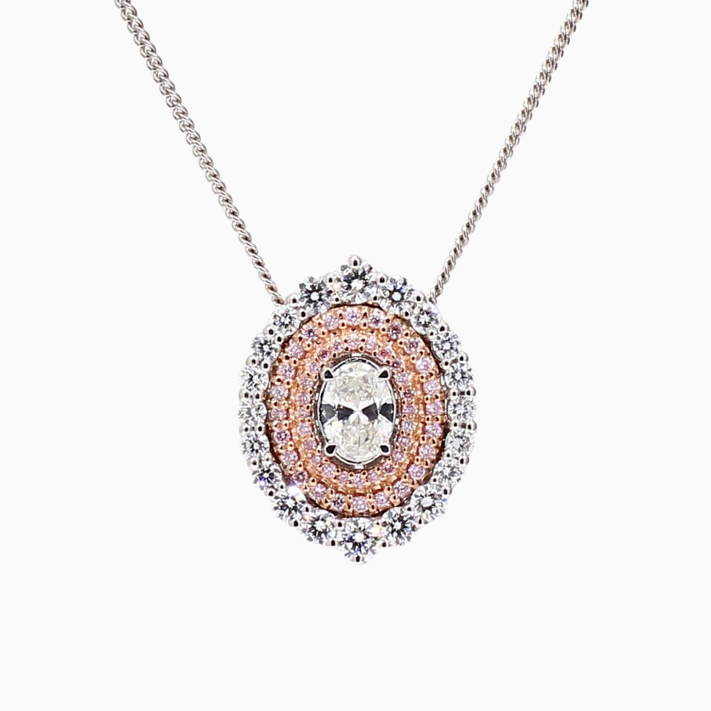 Floreat oval-cut white and Argyle pink diamond halo pendant
