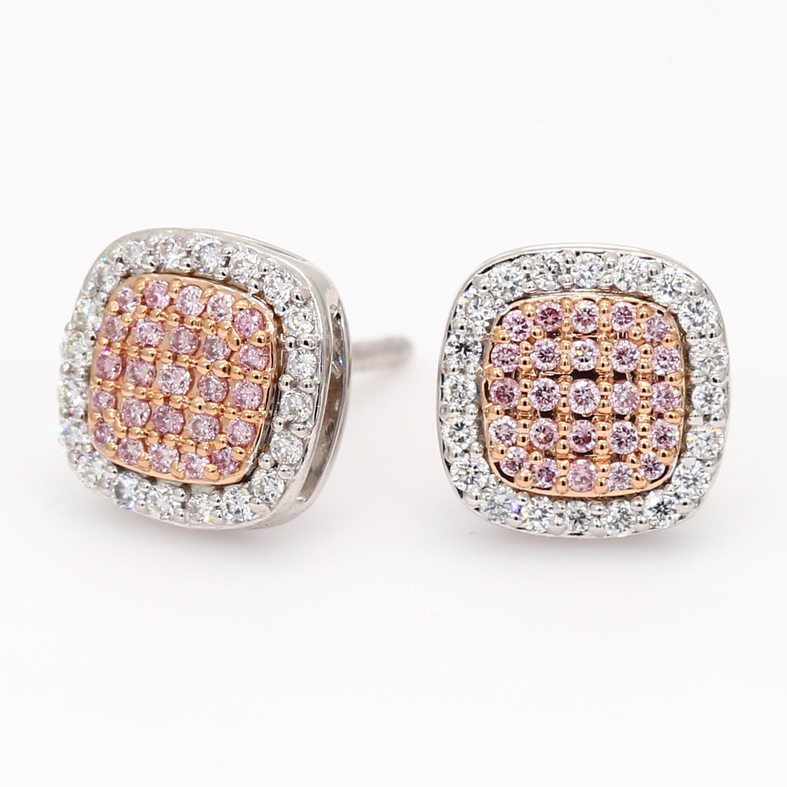 Cecilia white and Argyle pink diamond square cluster halo stud earrings