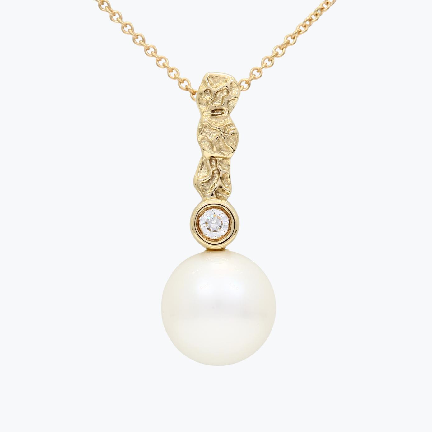 Basalt white South Sea pearl and white diamond bezel drop necklace