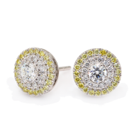 Halo yellow and white diamond cluster stud earrings