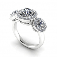 Evermore three stone halo diamond engagement ring
